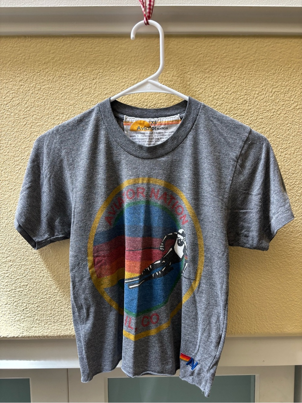 Aviator Nation Gray Short Sleeve Logo Tee with Multicolor Graphic